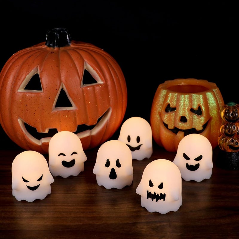 DRomance Halloween Ghost Lights Flameless Candles Battery Operated with Remote and Timer 6 Pack Spooky White LED Votive Candles Dimmable Light Halloween Indoor Decoration(2 x 2.4 Inches) - Image 3
